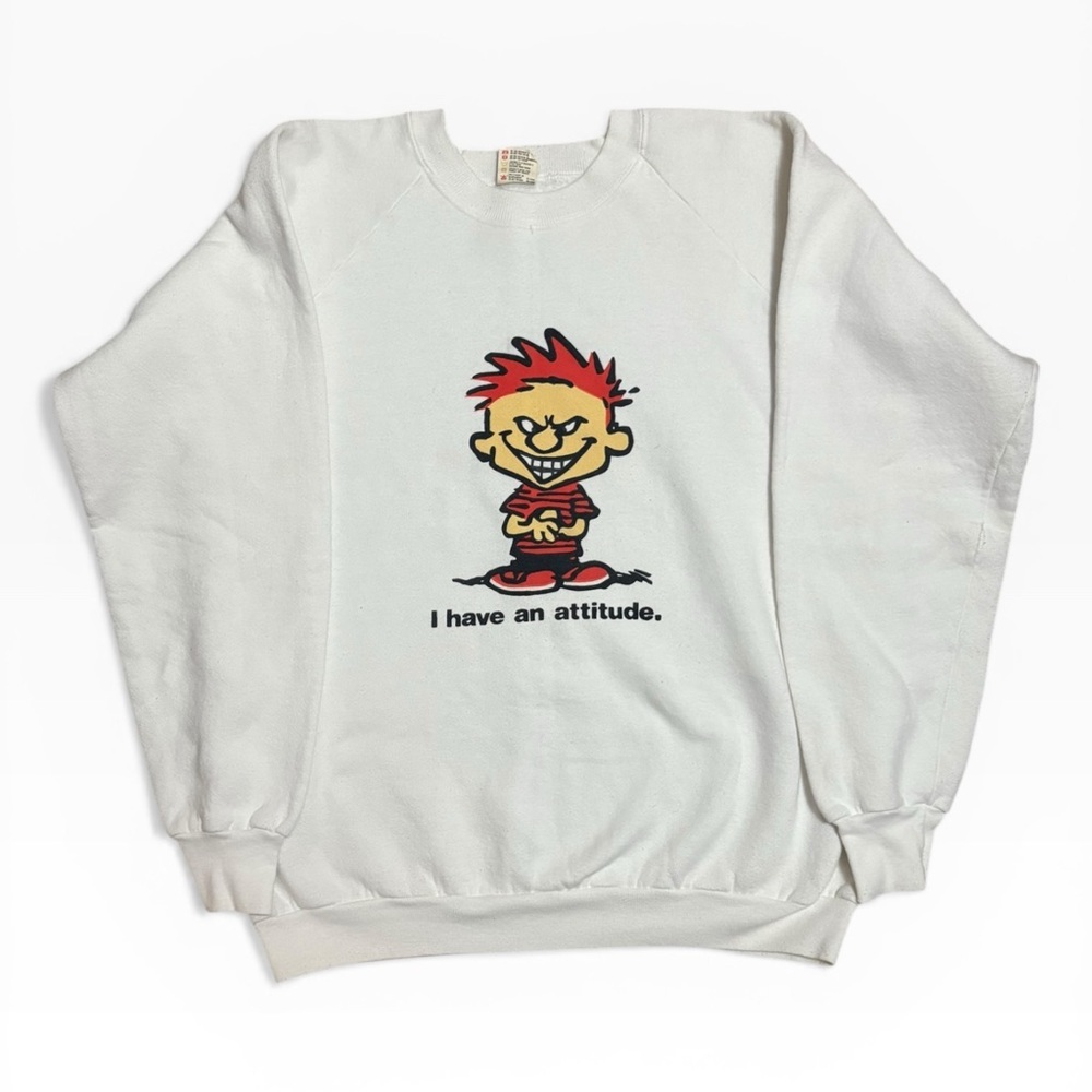 Vintage 90s “I Have An Attitude” Calvin and Hobbs Bootleg White Crewneck XL